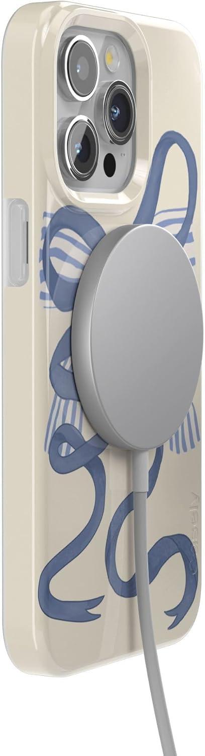 imageCasely iPhone 15 Pro Case Heartstrings Blue Bow Compatible with MagSafe Classic Ultra Thin Design