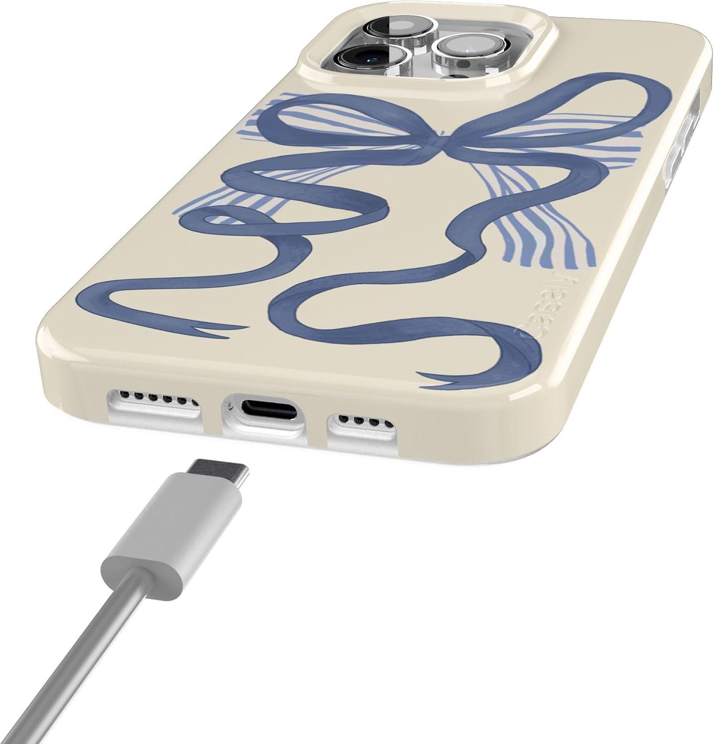 imageCasely iPhone 15 Pro Case Heartstrings Blue Bow Compatible with MagSafe Classic Ultra Thin Design