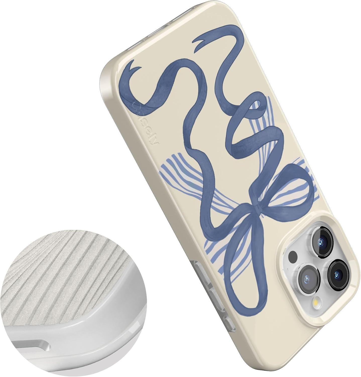 imageCasely iPhone 15 Pro Case Heartstrings Blue Bow Compatible with MagSafe Classic Ultra Thin Design