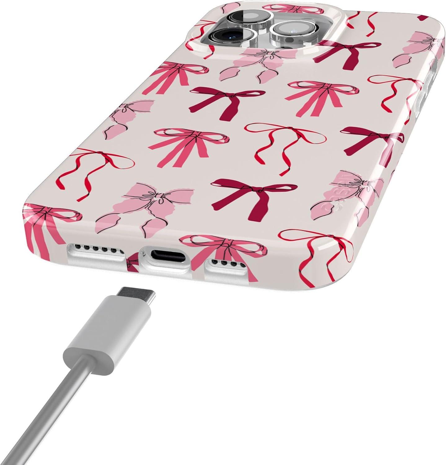 imageCasely iPhone 15 Pro Case Lover Girlie Pink Bows Compatible with MagSafe Classic Ultra Thin Design
