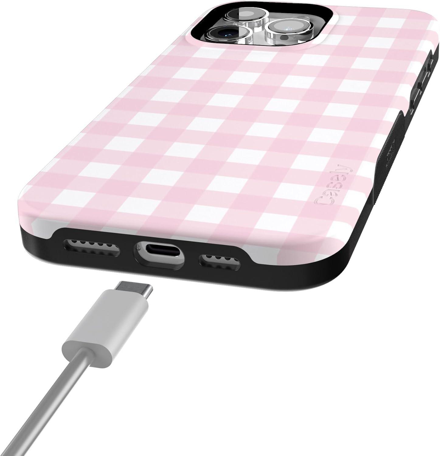 imageCasely iPhone 15 Pro Case Pink Plaid Sunday Best Bold Protective Design Compatible with MagSafe