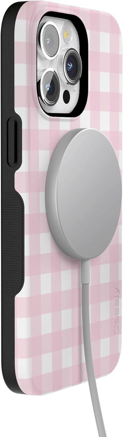 imageCasely iPhone 15 Pro Case Pink Plaid Sunday Best Bold Protective Design Compatible with MagSafe