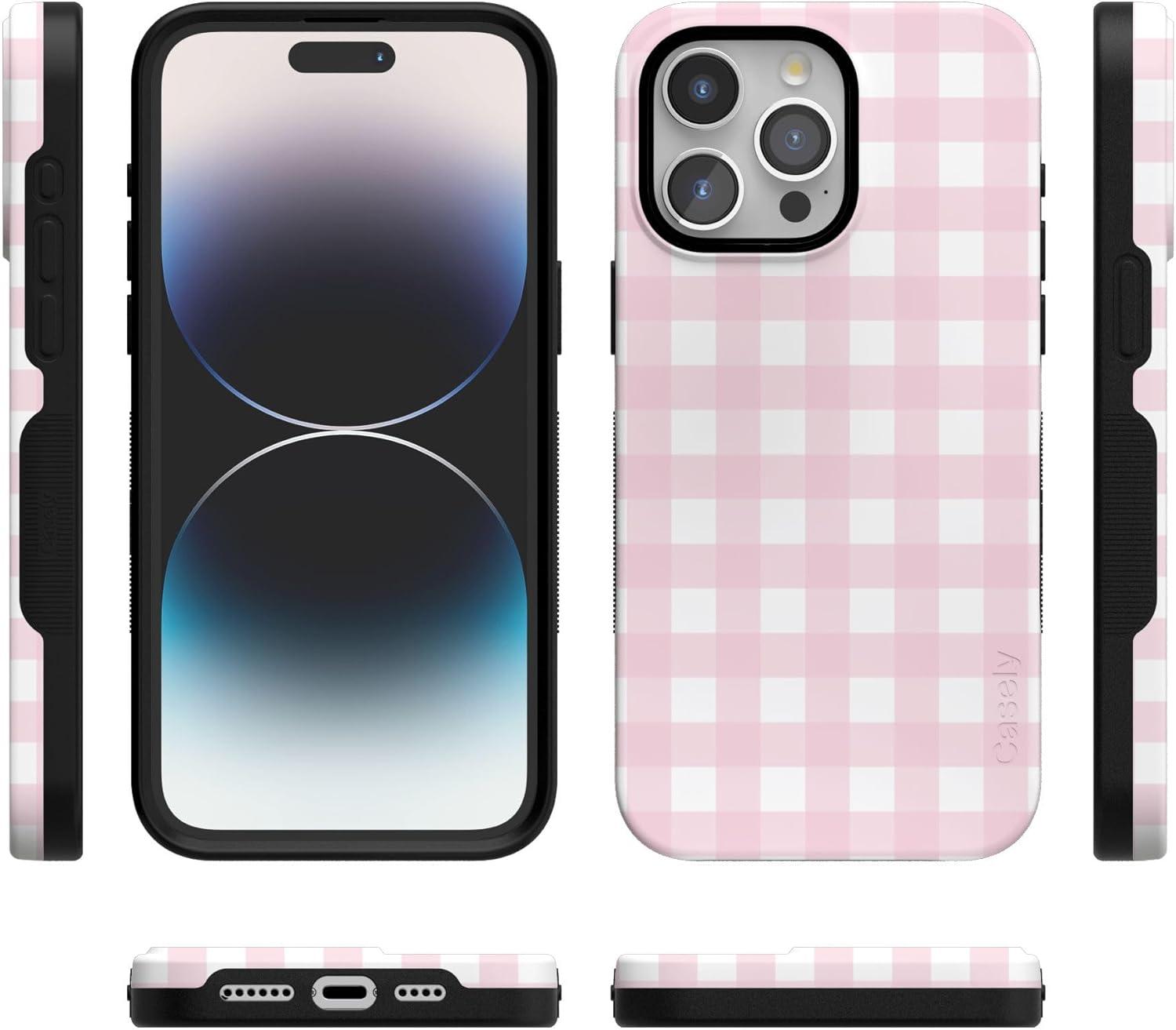 imageCasely iPhone 15 Pro Case Pink Plaid Sunday Best Bold Protective Design Compatible with MagSafe