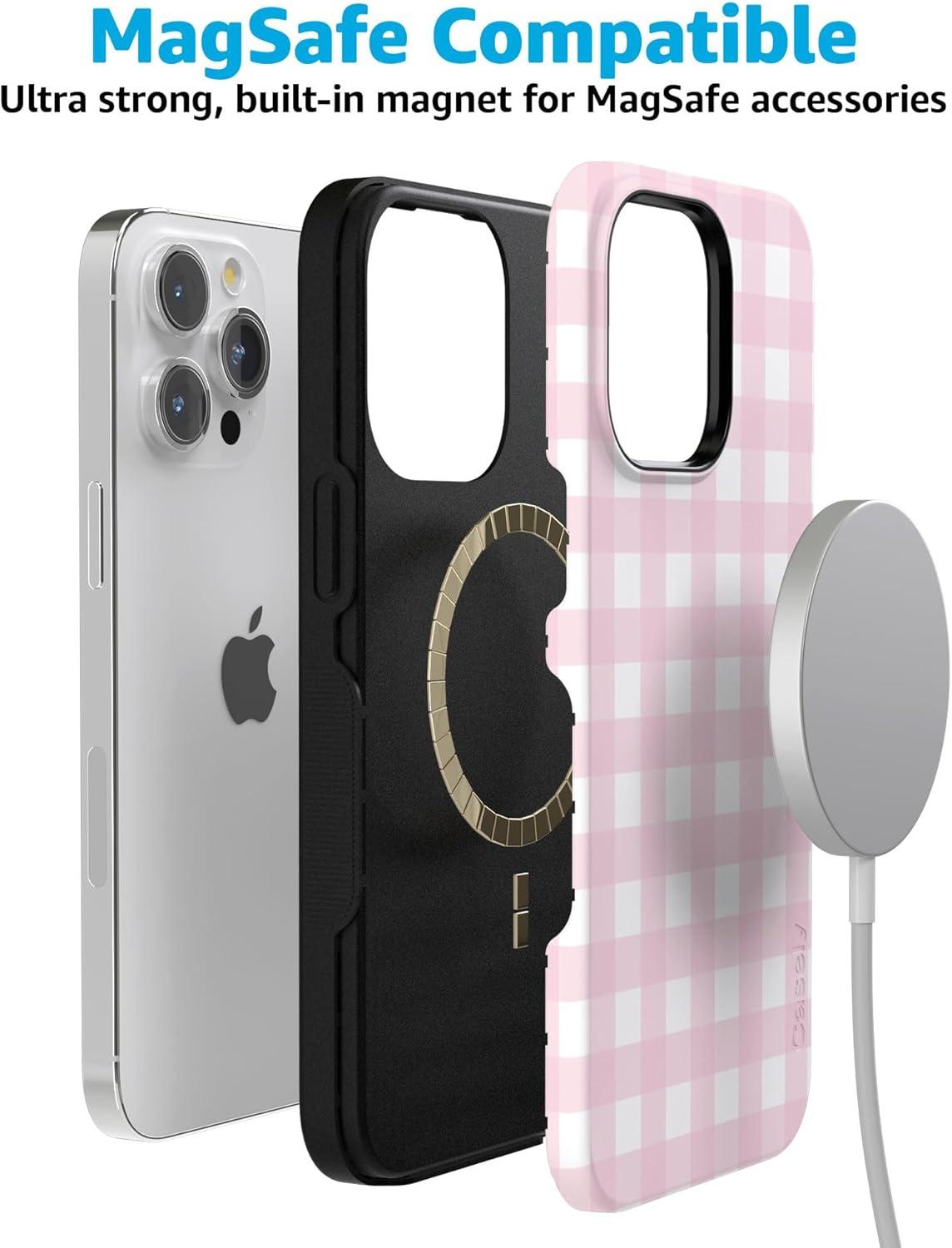 imageCasely iPhone 15 Pro Case Pink Plaid Sunday Best Bold Protective Design Compatible with MagSafe