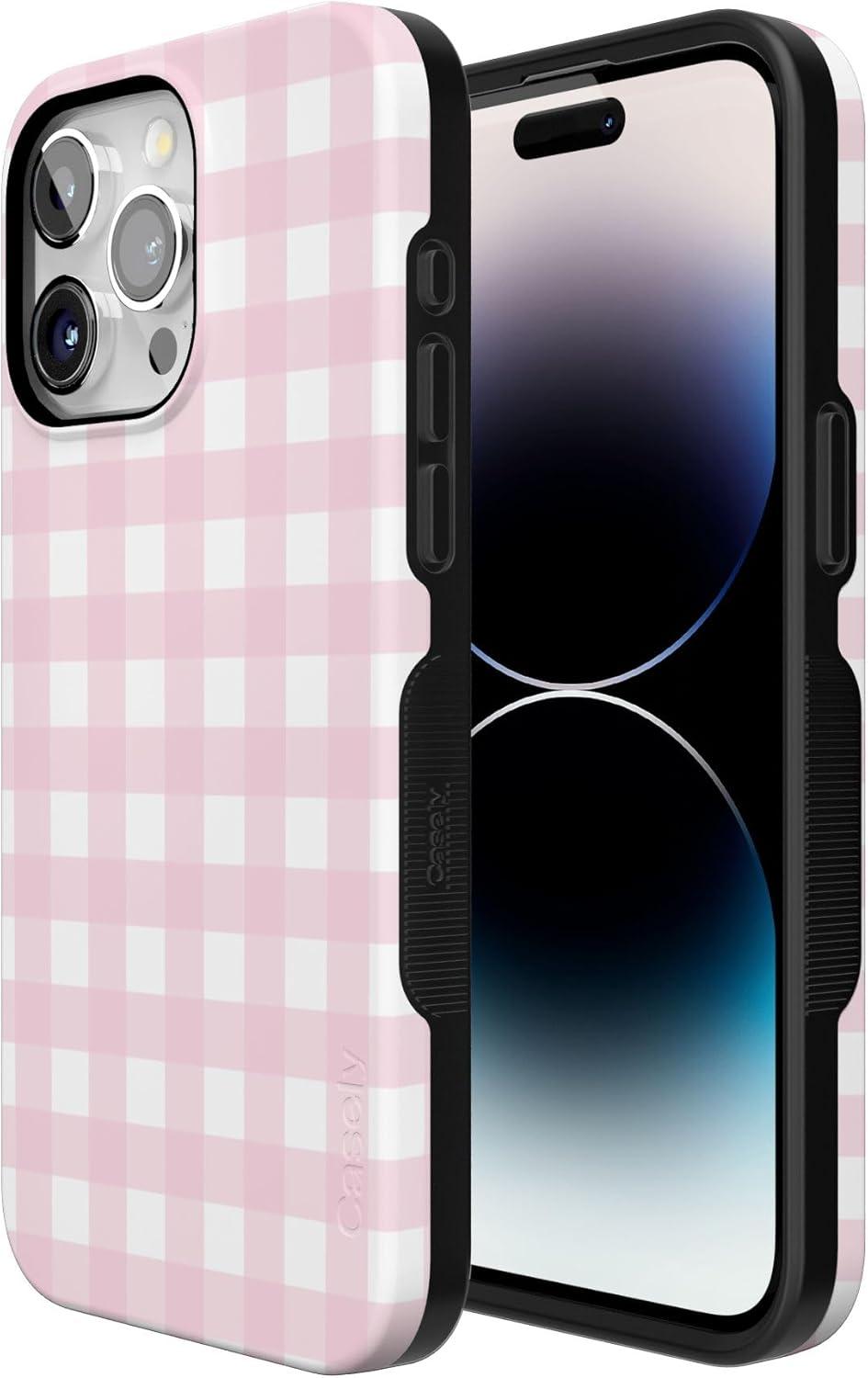 imageCasely iPhone 15 Pro Case Pink Plaid Sunday Best Bold Protective Design Compatible with MagSafe