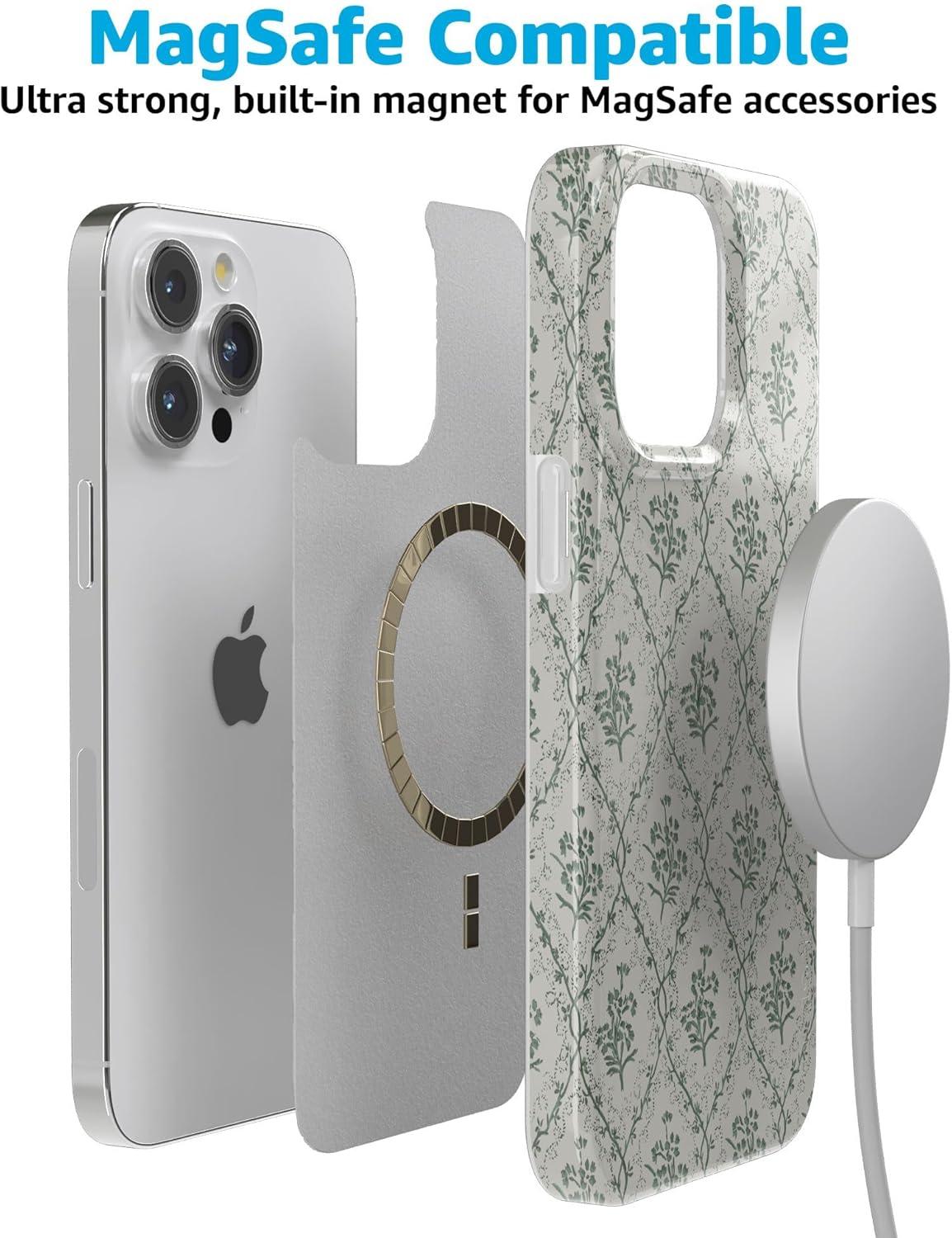 imageCasely iPhone 15 Pro Case Sage Tapestry Floral Vines Compatible with MagSafe Classic Ultra Thin Design