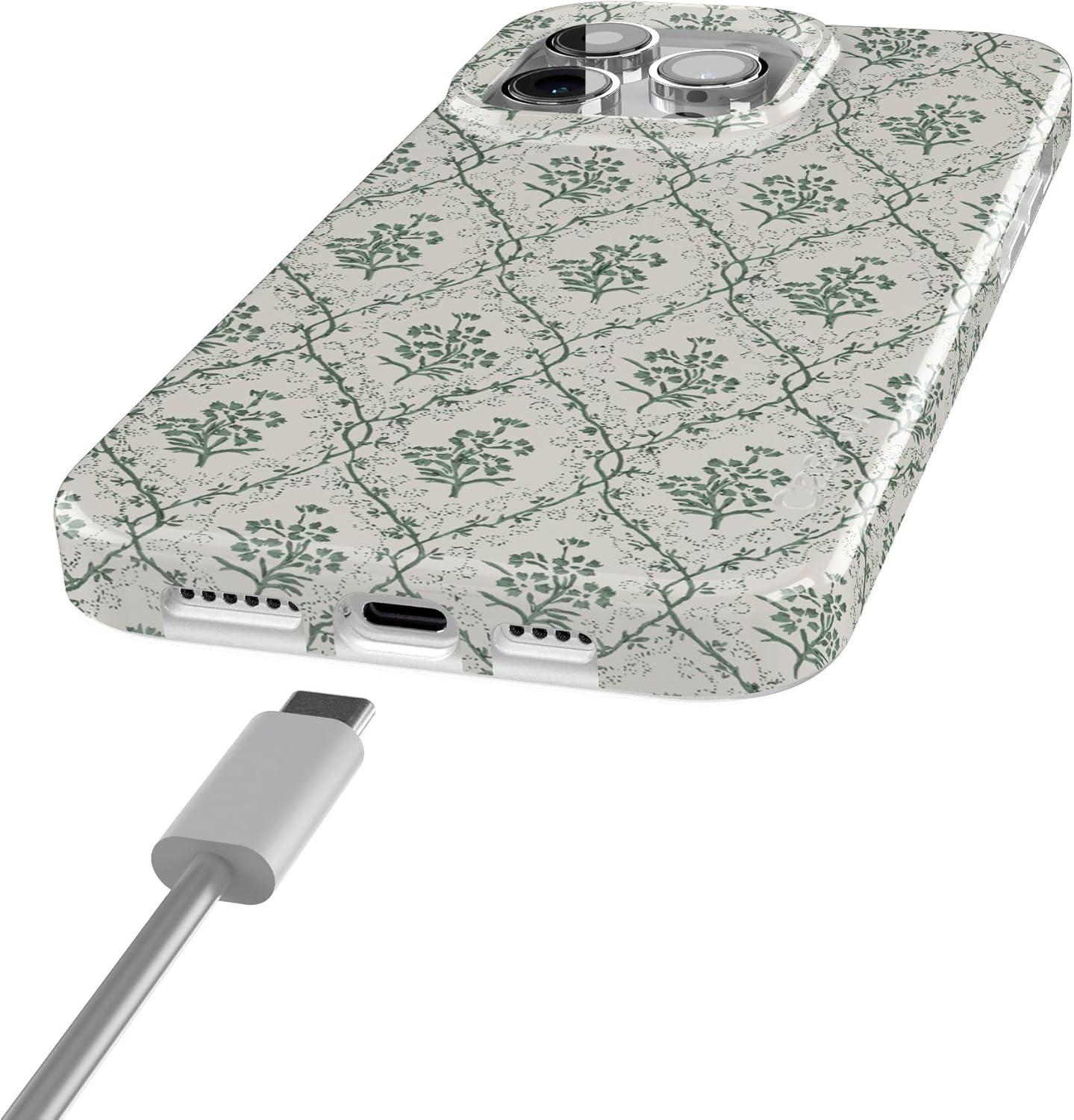imageCasely iPhone 15 Pro Case Sage Tapestry Floral Vines Compatible with MagSafe Classic Ultra Thin Design