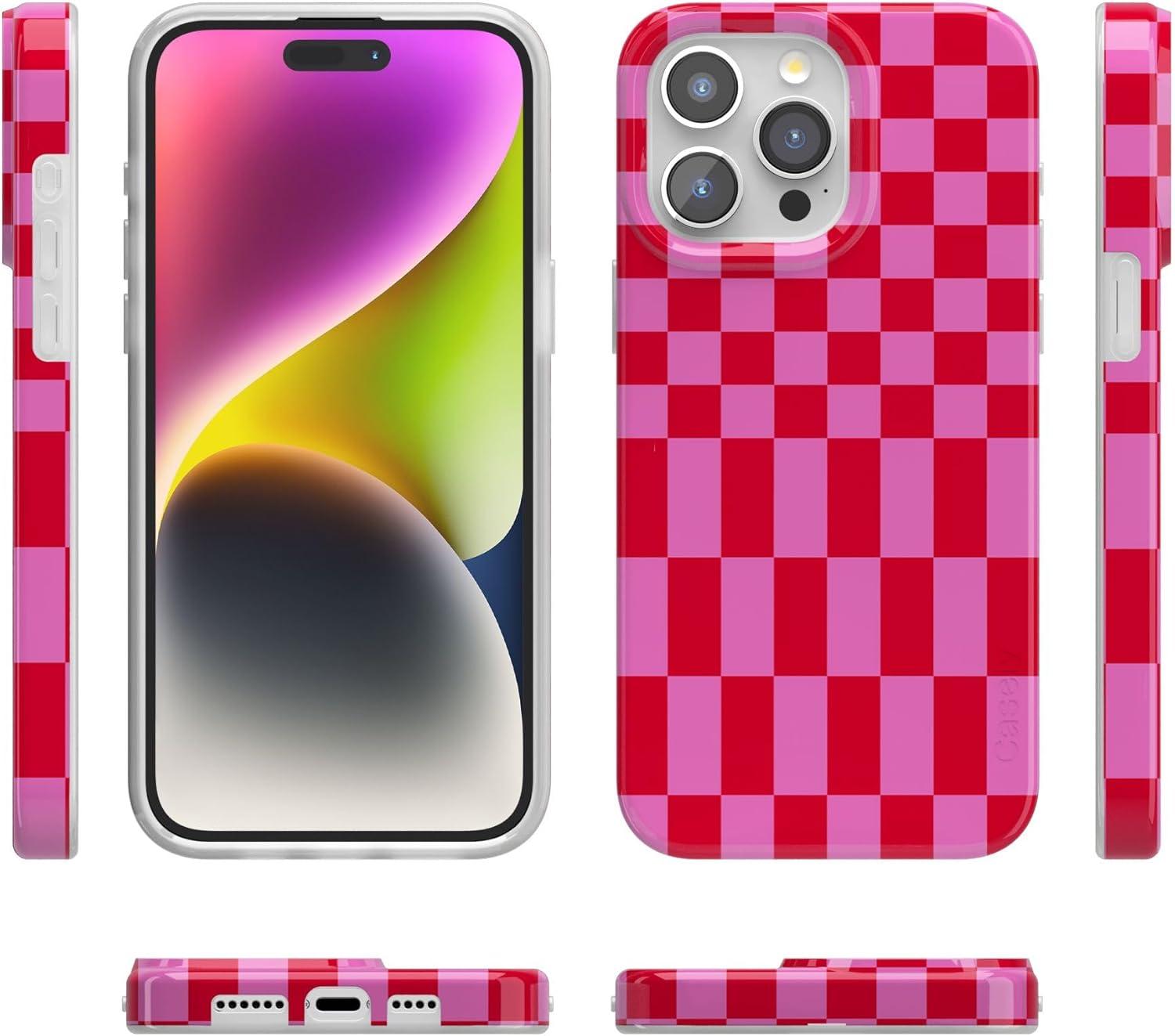 imageCasely iPhone 15 Pro Case Vibe Check Pink Checkerboard Compatible with MagSafe Classic Ultra Thin Design