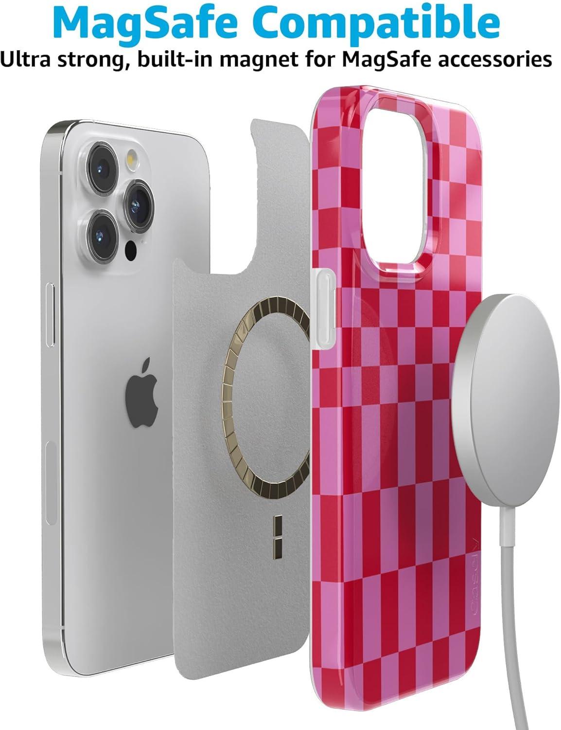 imageCasely iPhone 15 Pro Case Vibe Check Pink Checkerboard Compatible with MagSafe Classic Ultra Thin Design