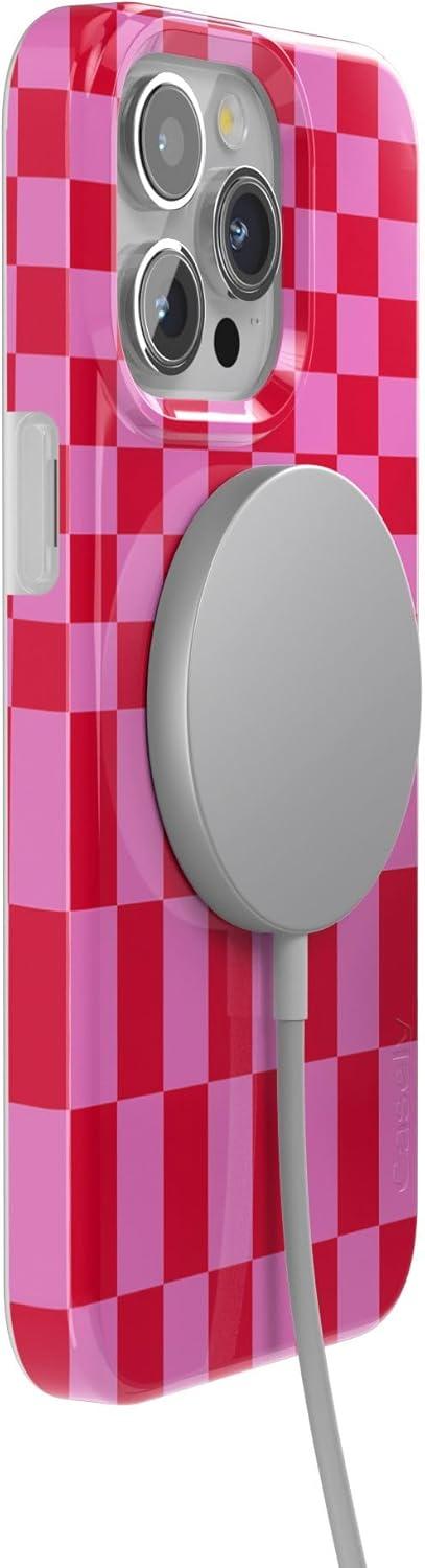 imageCasely iPhone 15 Pro Case Vibe Check Pink Checkerboard Compatible with MagSafe Classic Ultra Thin Design