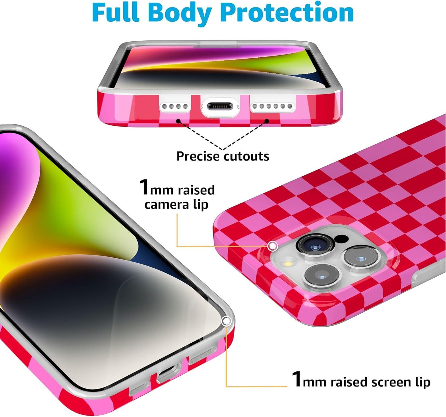 imageCasely iPhone 15 Pro Case Vibe Check Pink Checkerboard Compatible with MagSafe Classic Ultra Thin Design