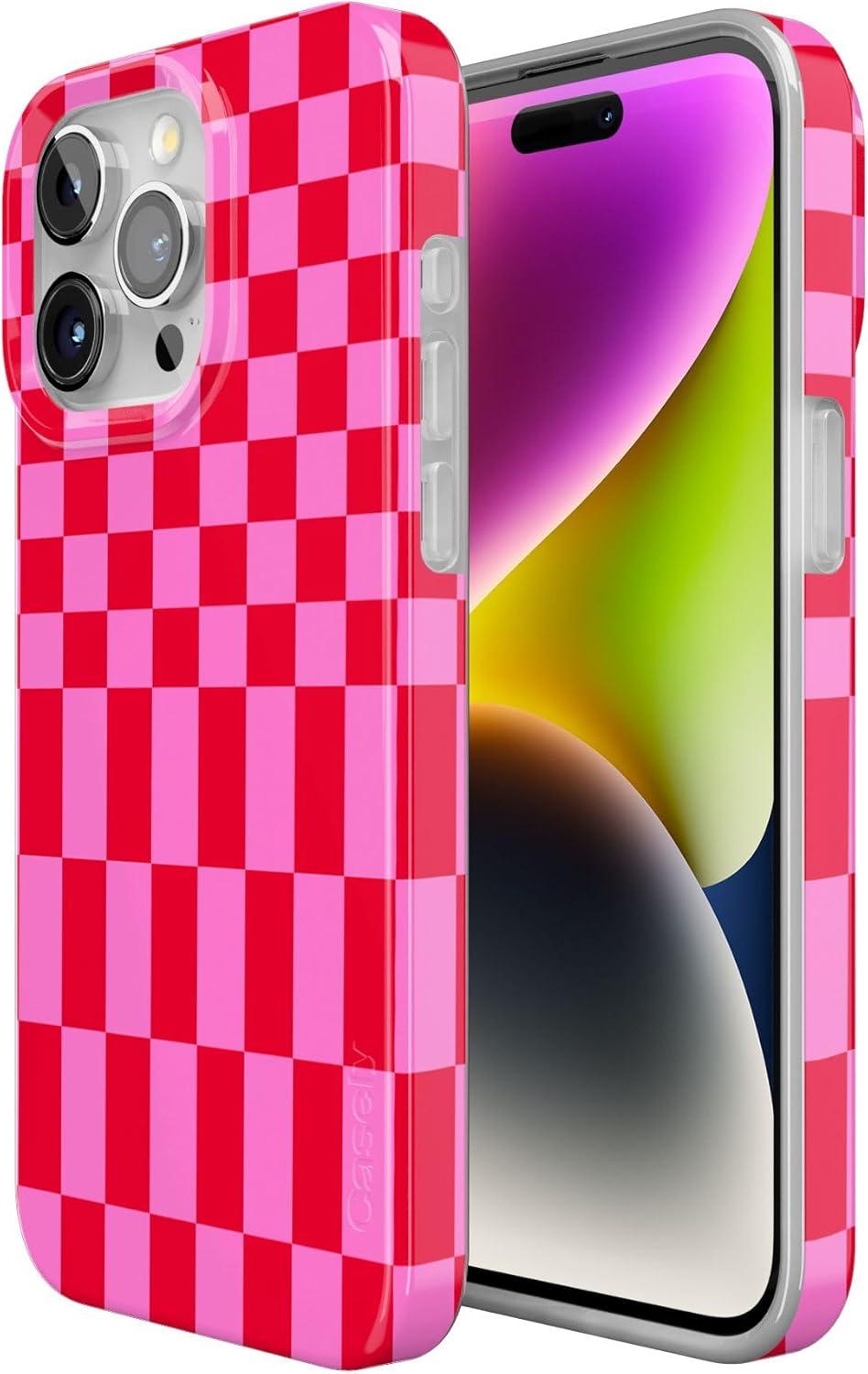 imageCasely iPhone 15 Pro Case Vibe Check Pink Checkerboard Compatible with MagSafe Classic Ultra Thin Design