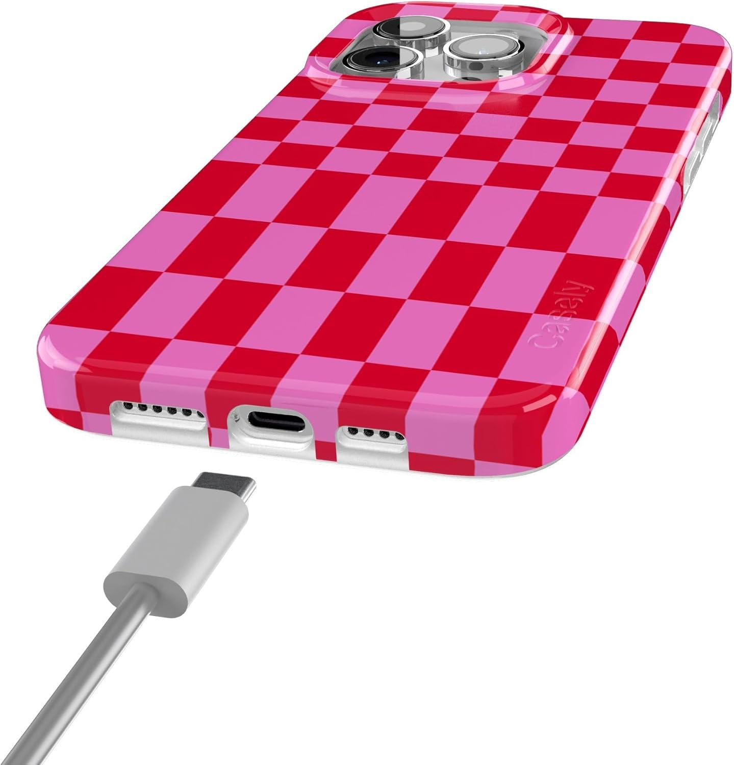 imageCasely iPhone 15 Pro Case Vibe Check Pink Checkerboard Compatible with MagSafe Classic Ultra Thin Design