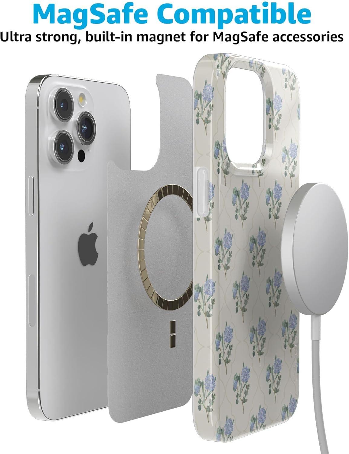 imageCasely iPhone 15 Pro Case Vintage Garden Blue Hydrangea Compatible with MagSafe Classic Ultra Thin Design