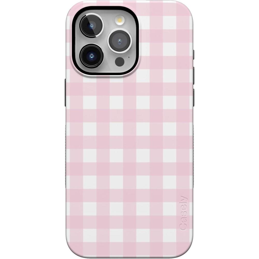 imageCasely iPhone 15 Pro Case Pink Plaid Sunday Best Bold Protective Design Compatible with MagSafe