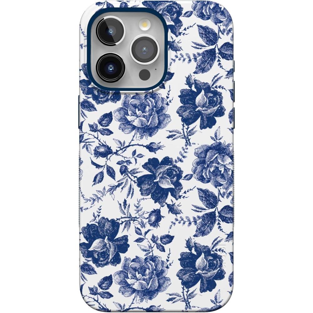 imageCasely iPhone 15 Pro Case  Rose to Fame  Blue amp White Floral  Bold Protective Design  Compatible with MagSafe