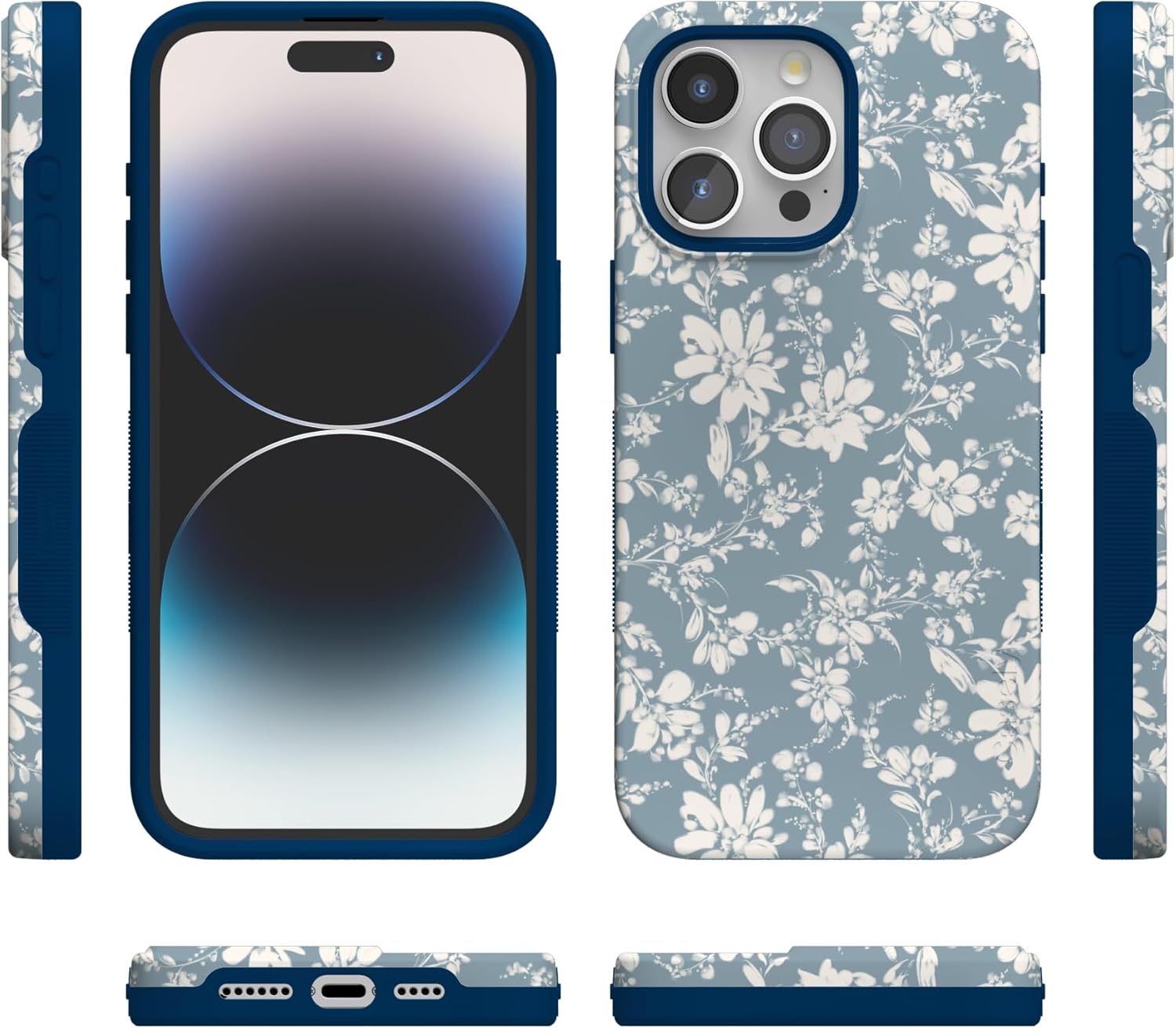 imageCasely iPhone 15 Pro Case Afternoon Tea Blue Floral Bold Protective Design Compatible with MagSafe
