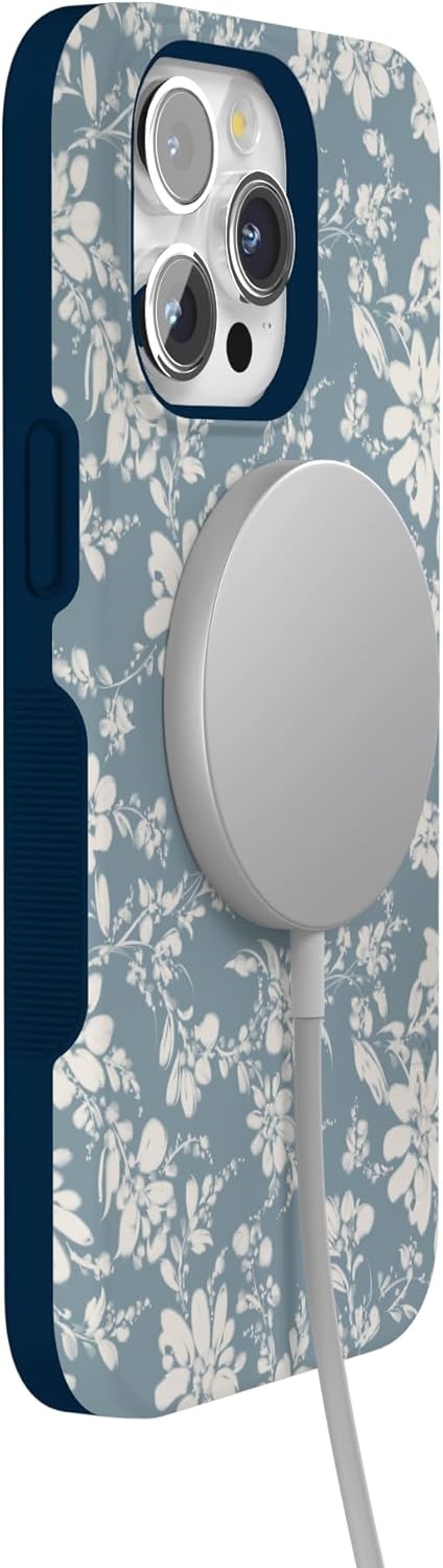 imageCasely iPhone 15 Pro Case Afternoon Tea Blue Floral Bold Protective Design Compatible with MagSafe
