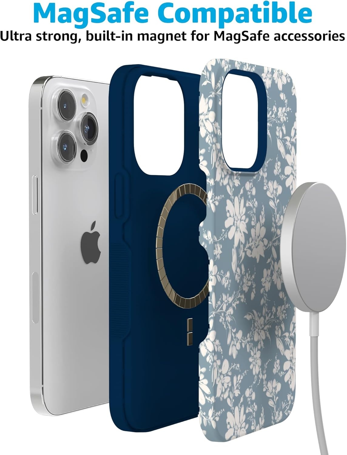 imageCasely iPhone 15 Pro Case Afternoon Tea Blue Floral Bold Protective Design Compatible with MagSafe