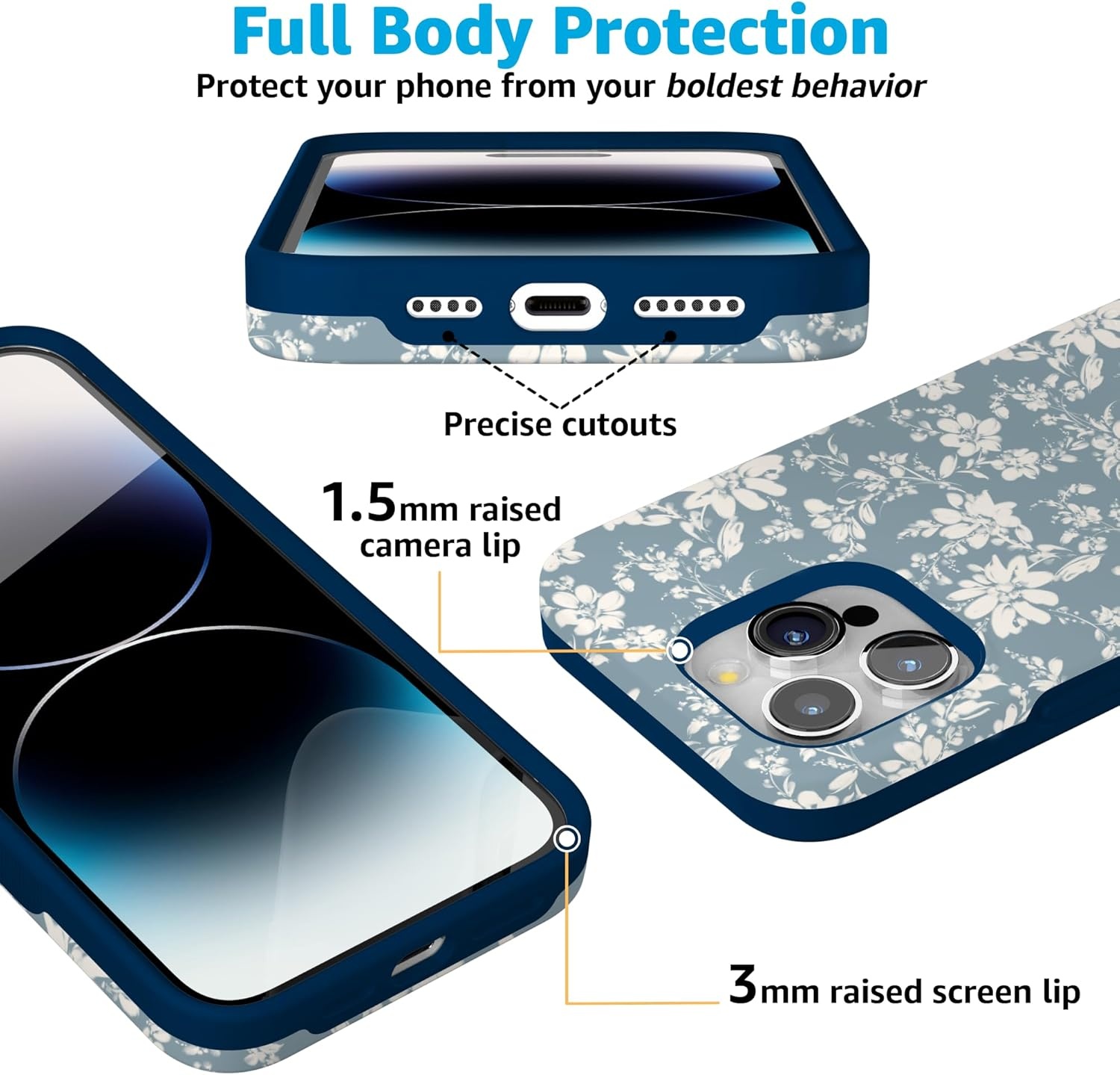 imageCasely iPhone 15 Pro Case Afternoon Tea Blue Floral Bold Protective Design Compatible with MagSafe
