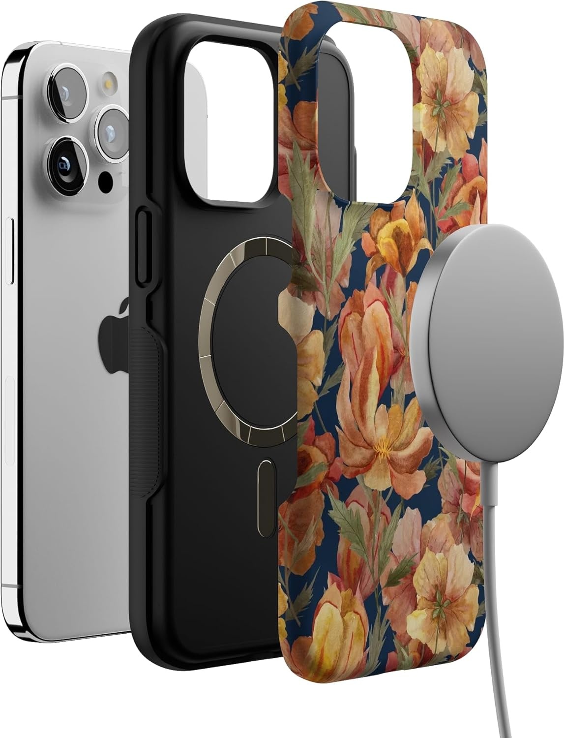 imageCasely iPhone 15 Pro Case Antique Floral Fallen Gold Bold Protective Design Compatible with MagSafe