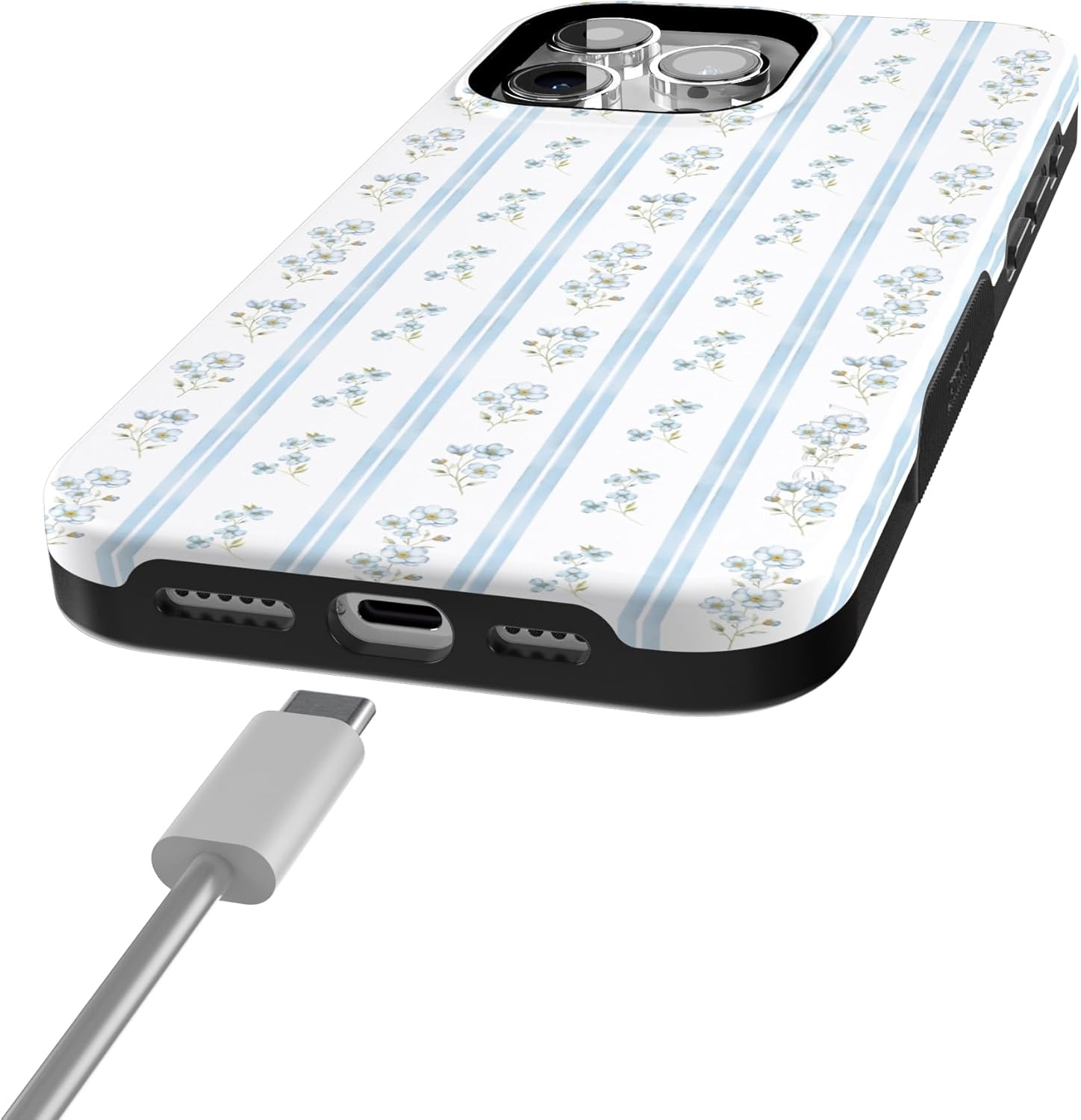 imageCasely iPhone 15 Pro Case Cottage Stripe Blue Floral Bold Protective Design Compatible with MagSafe