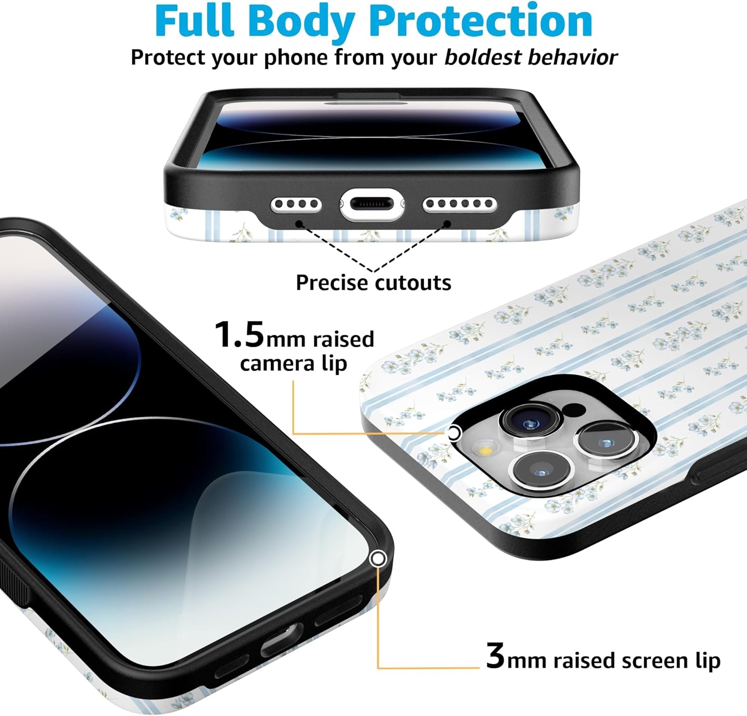 imageCasely iPhone 15 Pro Case Cottage Stripe Blue Floral Bold Protective Design Compatible with MagSafe