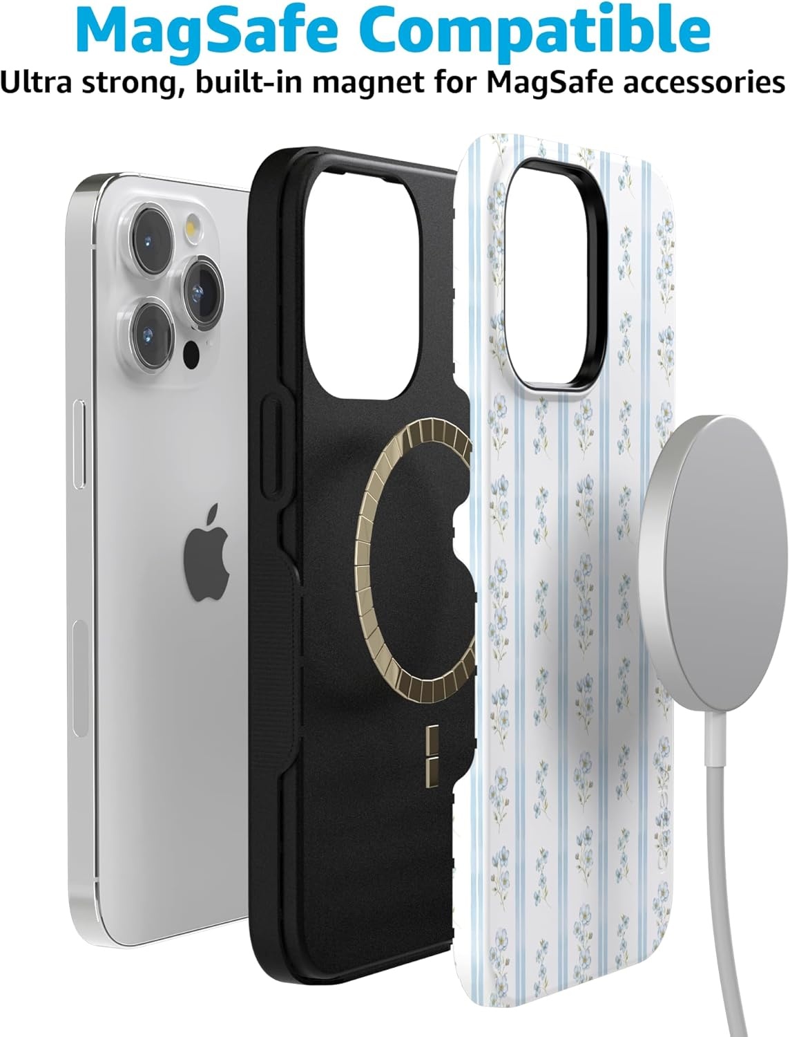imageCasely iPhone 15 Pro Case Cottage Stripe Blue Floral Bold Protective Design Compatible with MagSafe