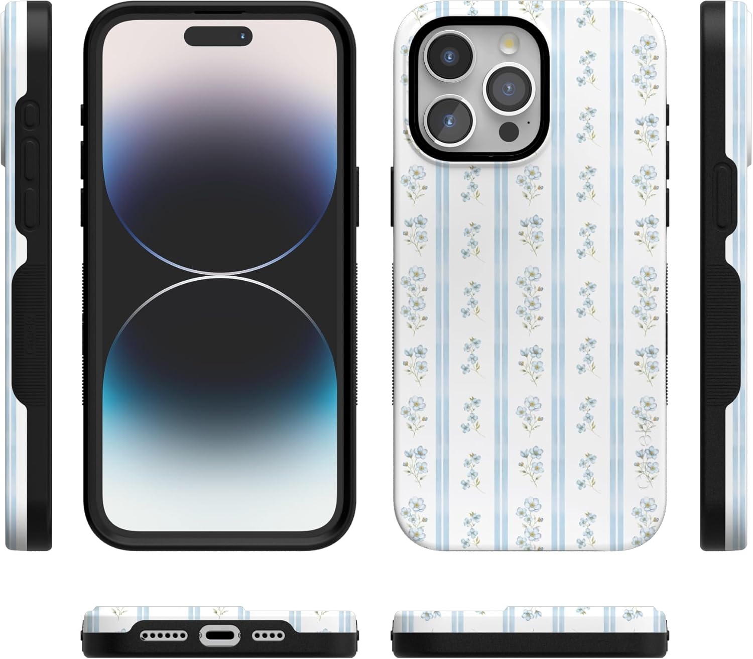 imageCasely iPhone 15 Pro Case Cottage Stripe Blue Floral Bold Protective Design Compatible with MagSafe
