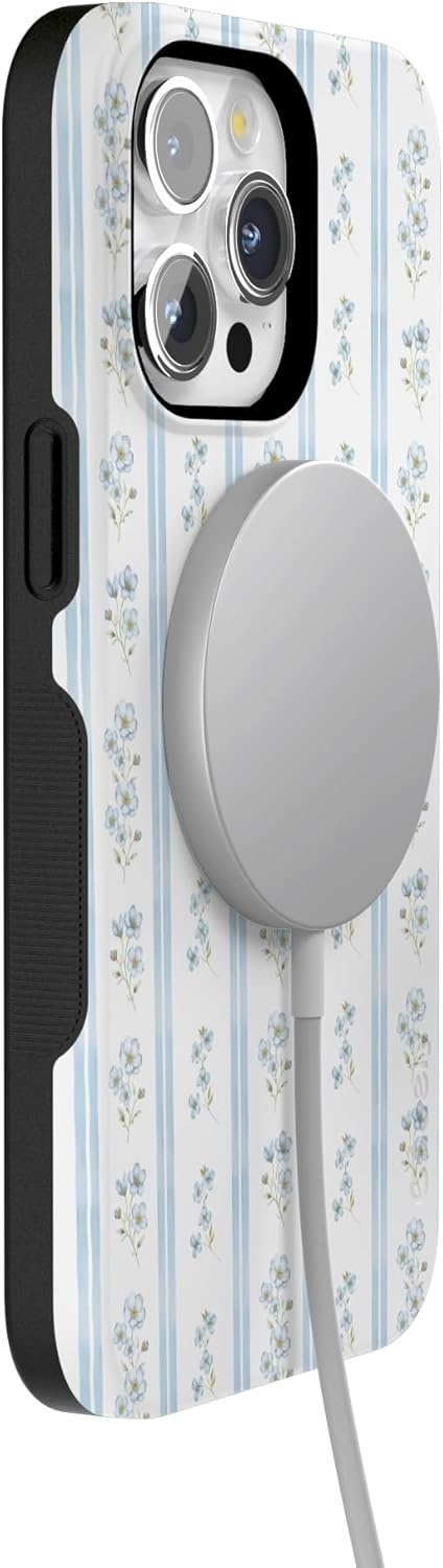 imageCasely iPhone 15 Pro Case Cottage Stripe Blue Floral Bold Protective Design Compatible with MagSafe
