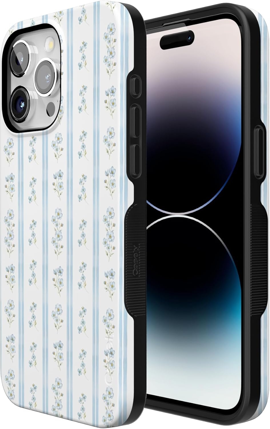 imageCasely iPhone 15 Pro Case Cottage Stripe Blue Floral Bold Protective Design Compatible with MagSafe