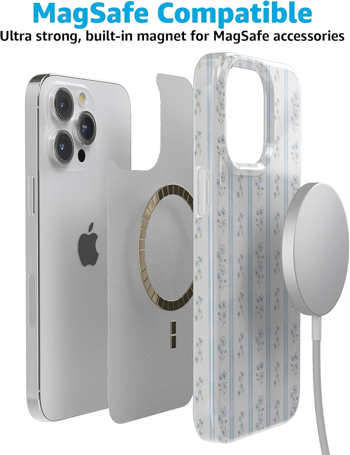 imageCasely iPhone 15 Pro Case Cottage Stripe Blue Floral Compatible with MagSafe Classic Ultra Thin Design