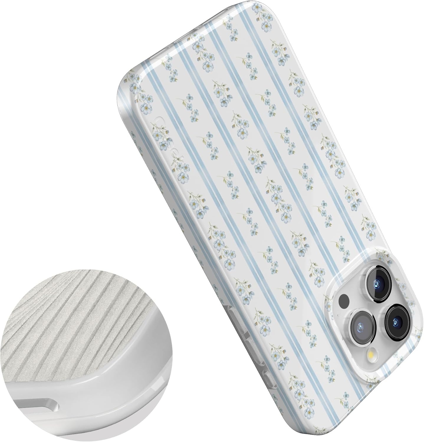 imageCasely iPhone 15 Pro Case Cottage Stripe Blue Floral Compatible with MagSafe Classic Ultra Thin Design