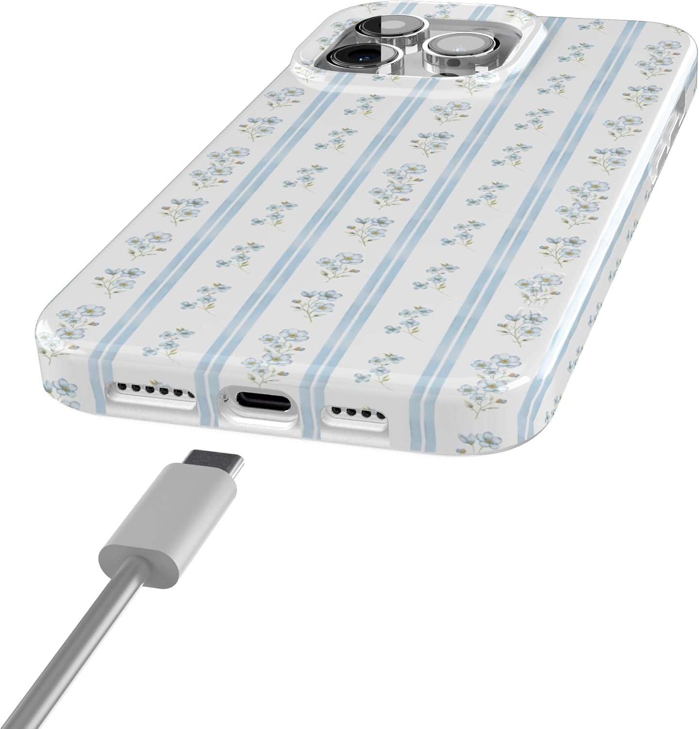 imageCasely iPhone 15 Pro Case Cottage Stripe Blue Floral Compatible with MagSafe Classic Ultra Thin Design