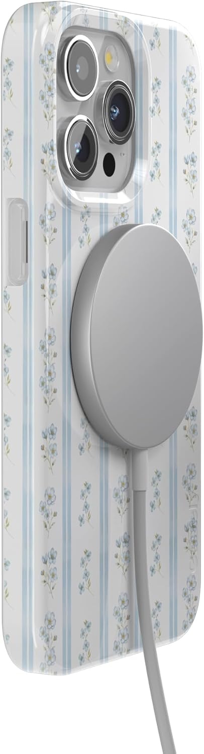 imageCasely iPhone 15 Pro Case Cottage Stripe Blue Floral Compatible with MagSafe Classic Ultra Thin Design