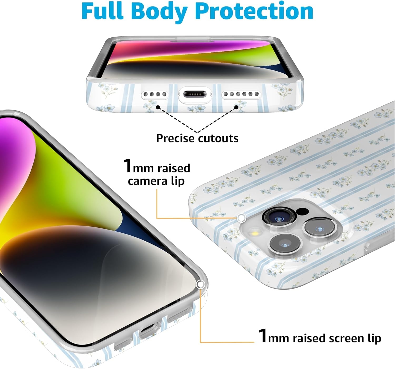 imageCasely iPhone 15 Pro Case Cottage Stripe Blue Floral Compatible with MagSafe Classic Ultra Thin Design