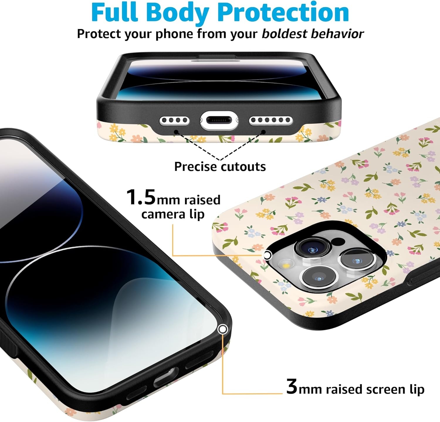 imageCasely iPhone 15 Pro Case Ditsy Floral Tiny Flowers Bold Protective Design Compatible with MagSafe