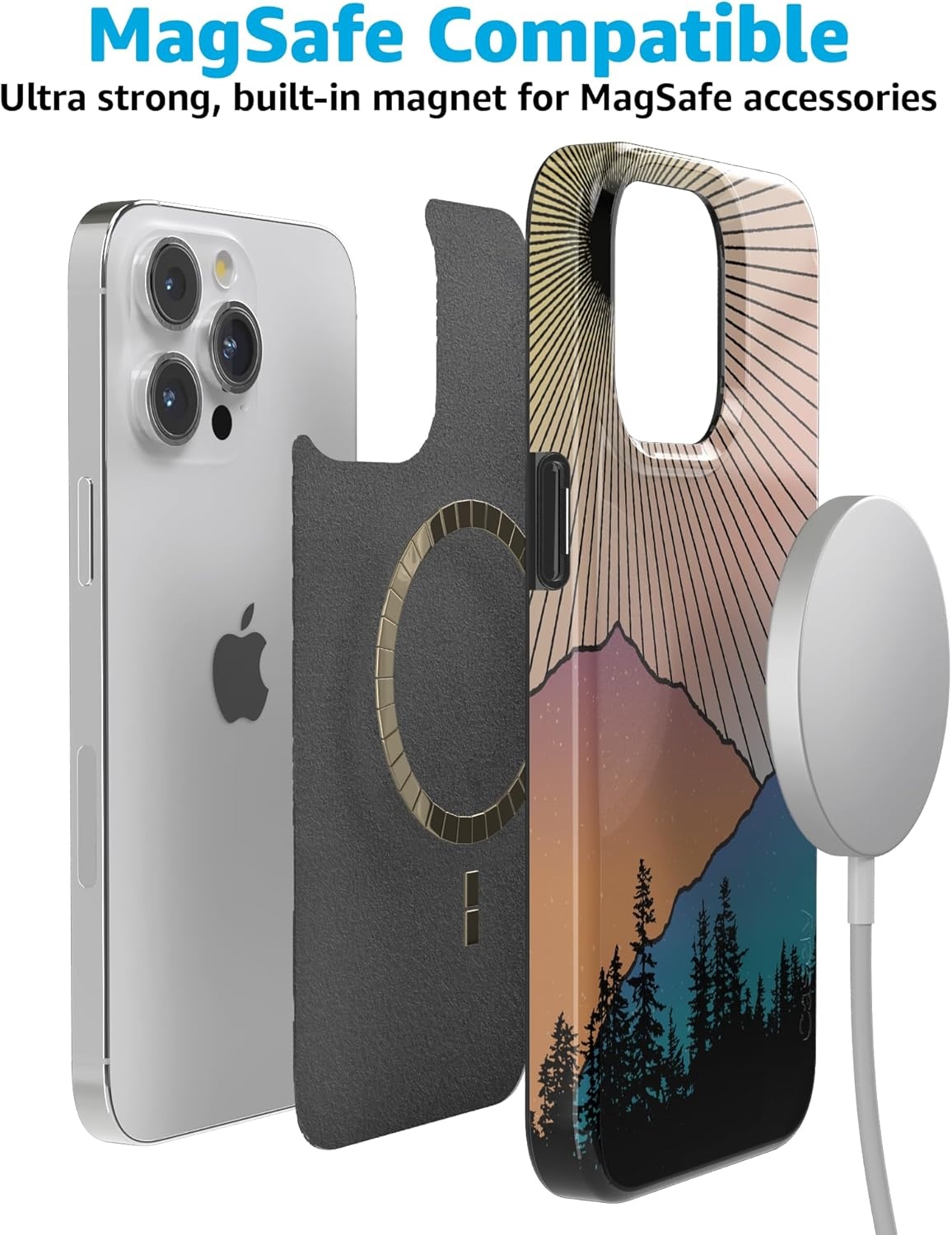 imageCasely iPhone 15 Pro Case Mountain Sunset Golden Hour Compatible with MagSafe Classic Ultra Slim Design