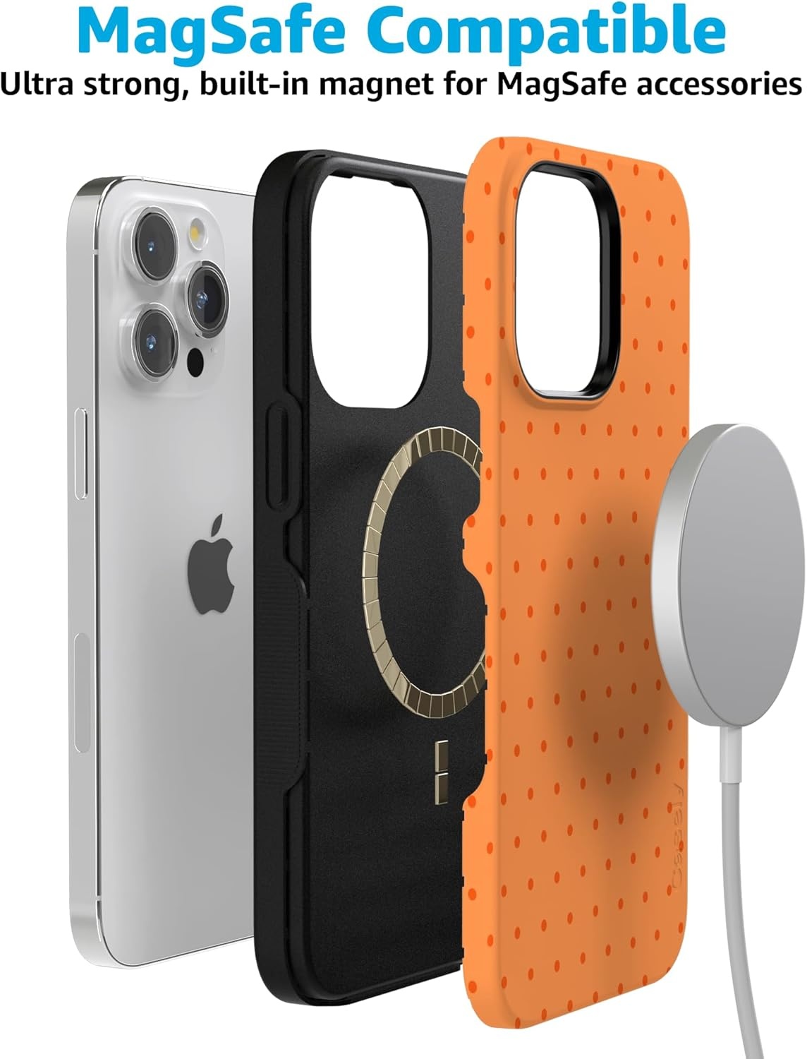 imageCasely iPhone 15 Pro Case On the Dot Orange Polka Dot Bold Protective Design Compatible with MagSafe