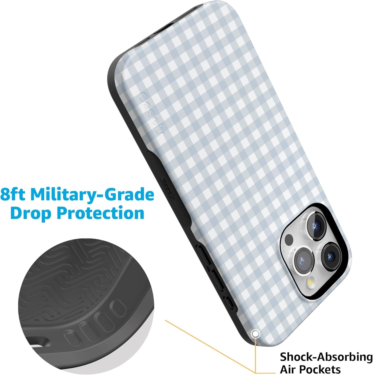 imageCasely iPhone 15 Pro Case Pastel Picnic Blue Gingham Bold Protective Design Compatible with MagSafe