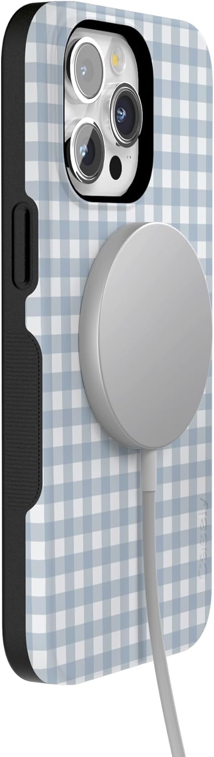imageCasely iPhone 15 Pro Case Pastel Picnic Blue Gingham Bold Protective Design Compatible with MagSafe