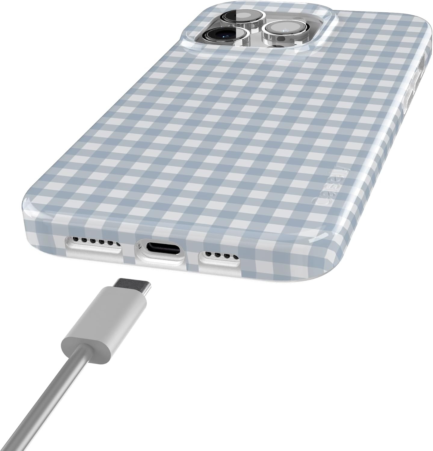 imageCasely iPhone 15 Pro Case Pastel Picnic Blue Gingham Compatible with MagSafe Classic Ultra Thin Design