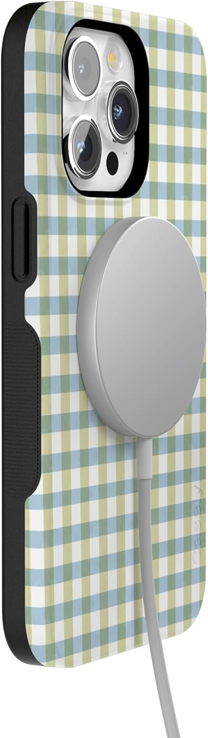 imageCasely iPhone 15 Pro Case Pastel Picnic Blue amp Green Gingham Bold Protective Design Compatible with MagSafe