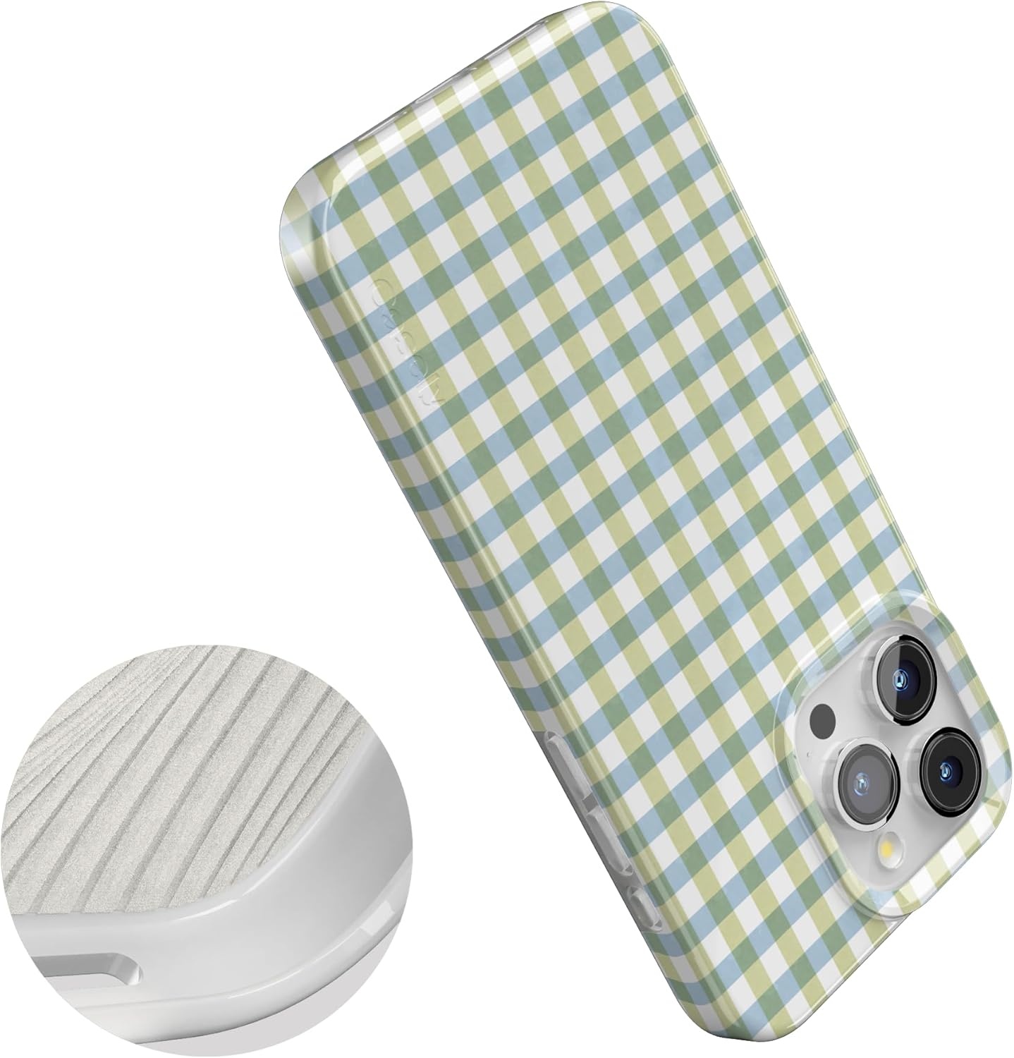 imageCasely iPhone 15 Pro Case Pastel Picnic Blue amp Green Gingham Compatible with MagSafe Classic Ultra Thin Design