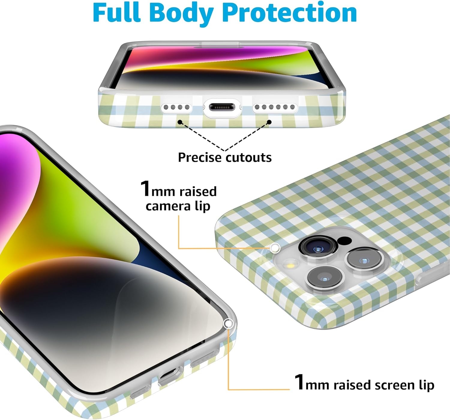 imageCasely iPhone 15 Pro Case Pastel Picnic Blue amp Green Gingham Compatible with MagSafe Classic Ultra Thin Design