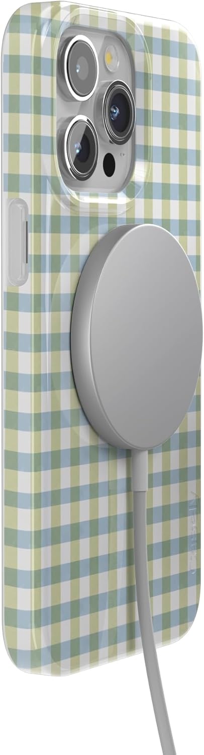 imageCasely iPhone 15 Pro Case Pastel Picnic Blue amp Green Gingham Compatible with MagSafe Classic Ultra Thin Design