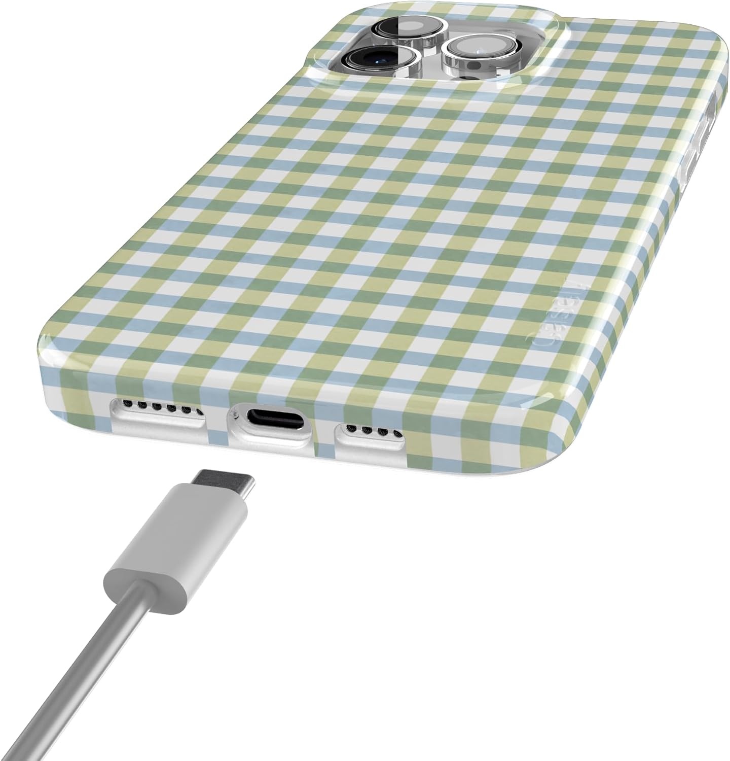 imageCasely iPhone 15 Pro Case Pastel Picnic Blue amp Green Gingham Compatible with MagSafe Classic Ultra Thin Design