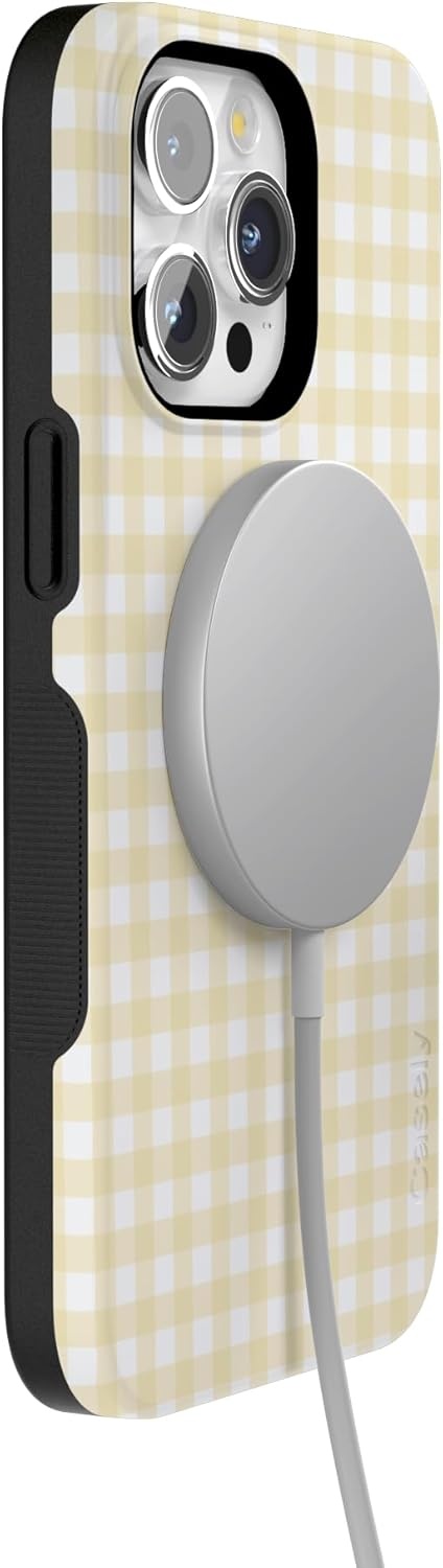 imageCasely iPhone 15 Pro Case Pastel Picnic Yellow Gingham Bold Protective Design Compatible with MagSafe