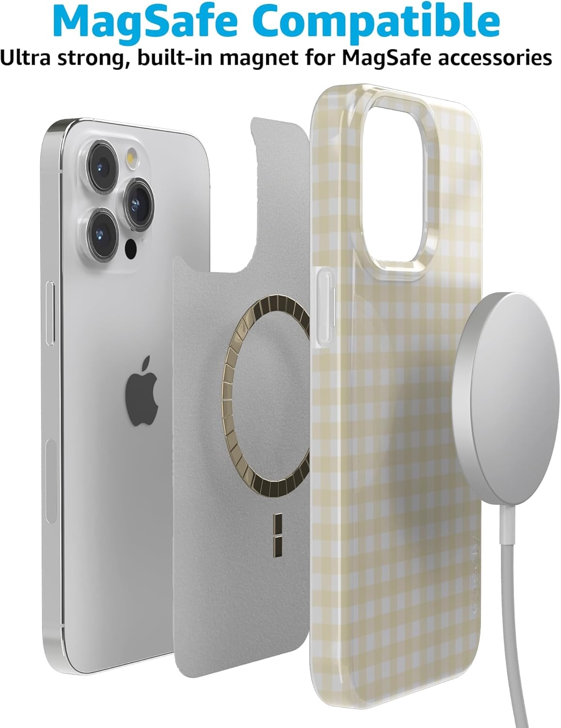 imageCasely iPhone 15 Pro Case Pastel Picnic Yellow Gingham Compatible with MagSafe Classic Ultra Thin Design