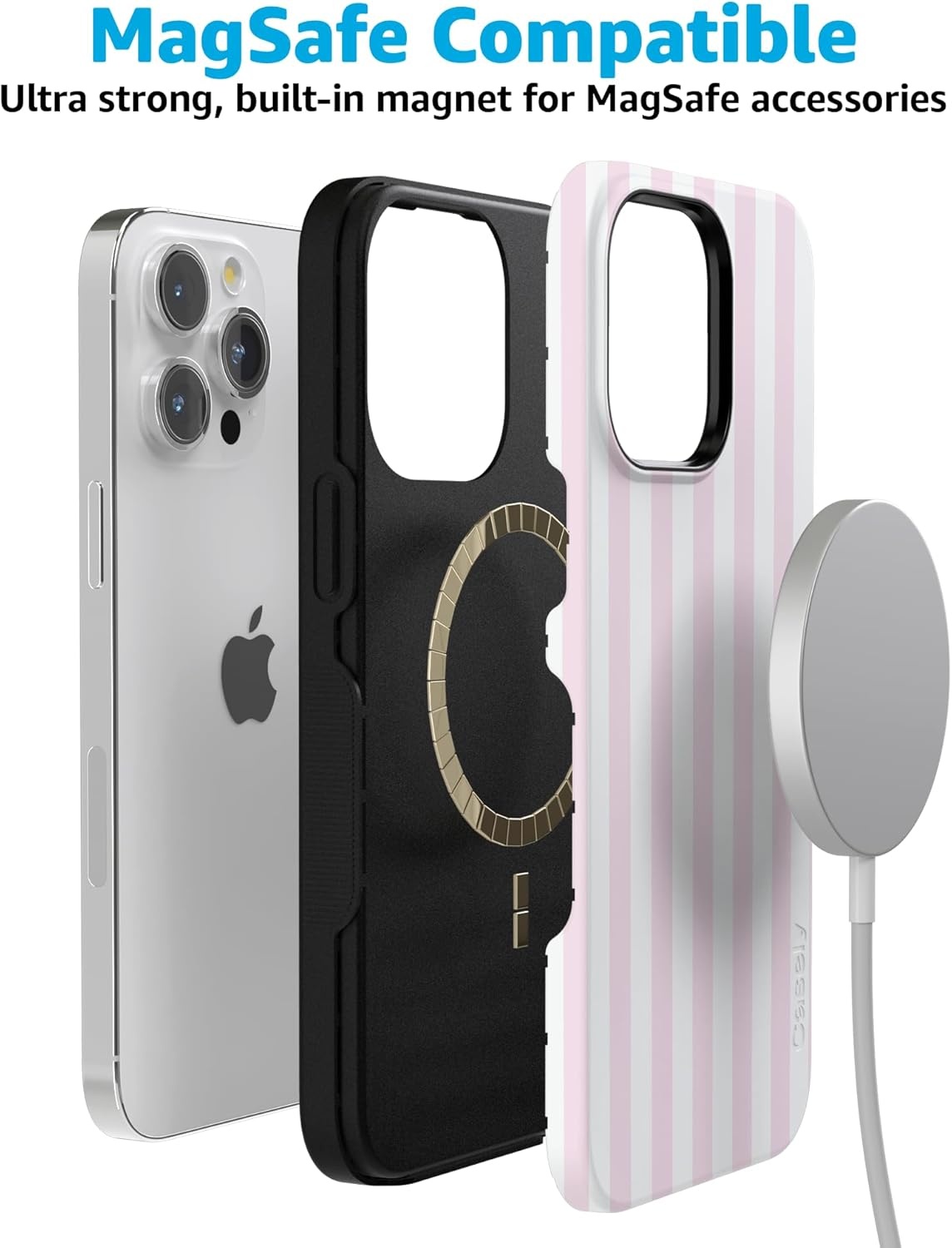 imageCasely iPhone 15 Pro Case Pink Stripes Sunday Best Bold Protective Design Compatible with MagSafe